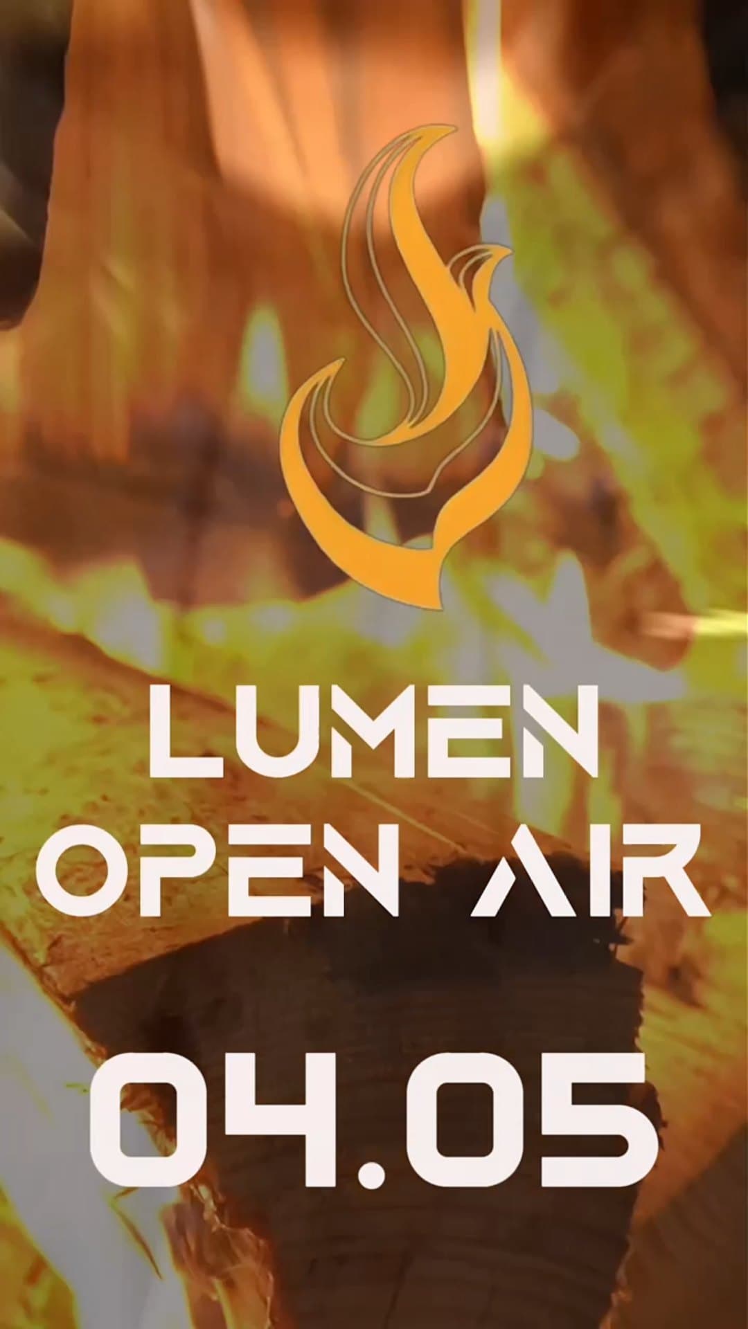 Lumen Open Air artwork: a flame logo over burning wood, with the event name and the date 04.05