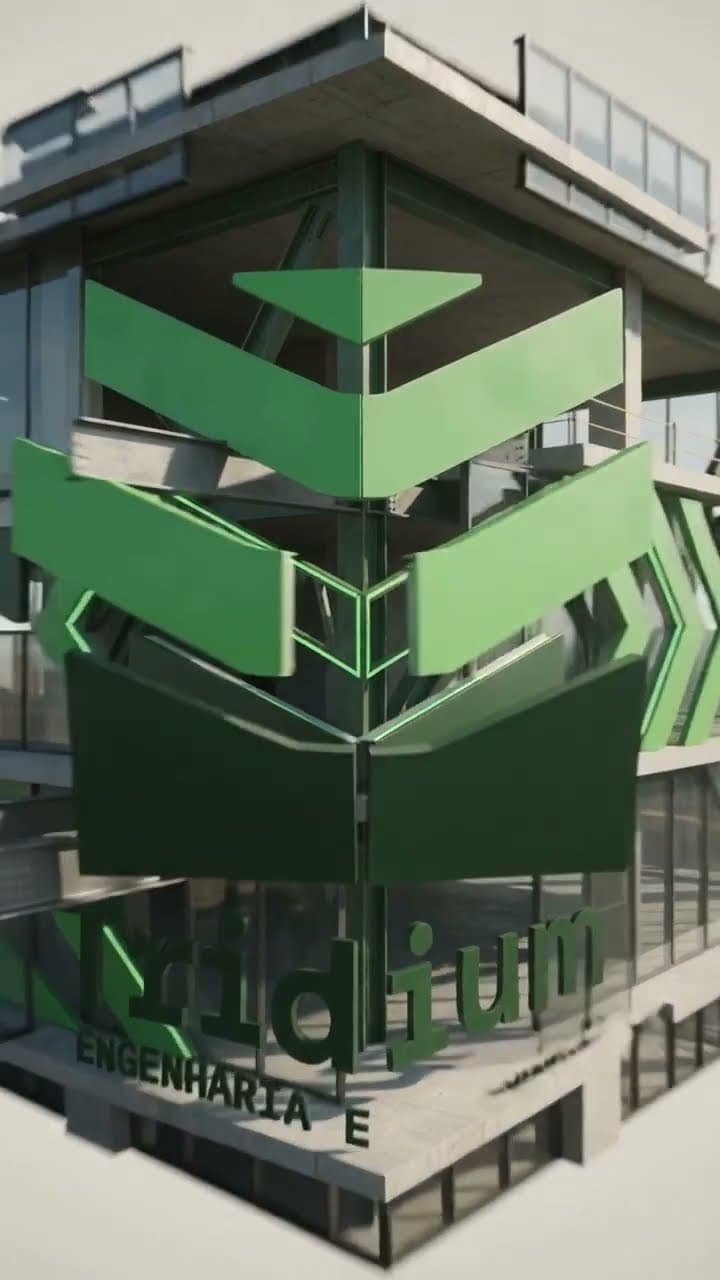 The Tridium logo rendered as green chevrons built into a concrete and glass structure